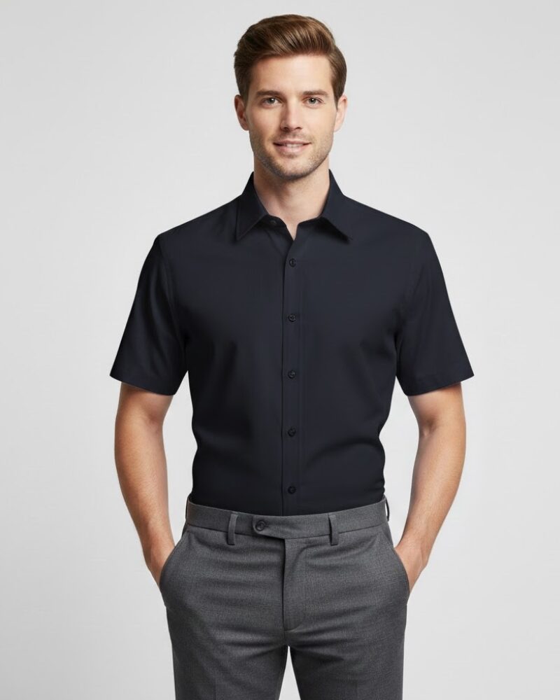 Modelo vestindo camisa manga curta preta lisa, visual social moderno e discreto.