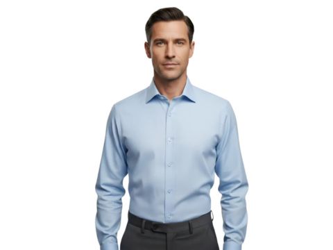 Homem vestindo camisa social azul claro da MS Stilos, com caimento perfeito.