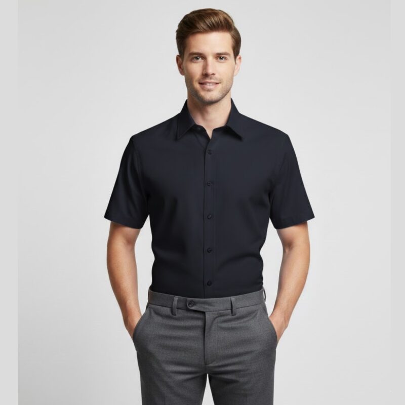 Camisa Manga Curta Preta Lisa colarinho francês Rígido tecido confortável Fresco
