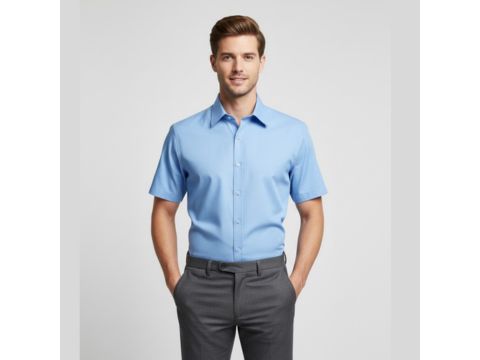 Pai moderno usando camisa azul de manga curta da MS Stilos, ideal para sessões de fotos em família com elegância e conforto.