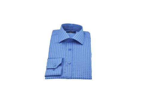 Camisa social azul com textura xadrez da MS Stilos, ideal para viagens de executivos