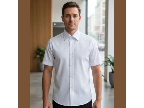 Pai elegante vestindo camisa branca de manga curta da MS Stilos, opção versátil para sessões fotográficas afetivas e sofisticadas.