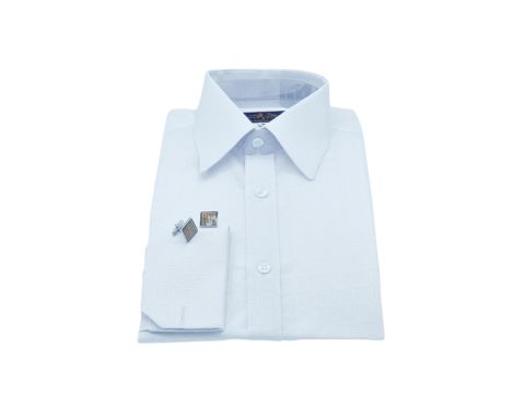 Camisa social branca com leve quadriculado e abotoaduras prateadas, perfeita para transmitir elegância e clareza em reuniões.