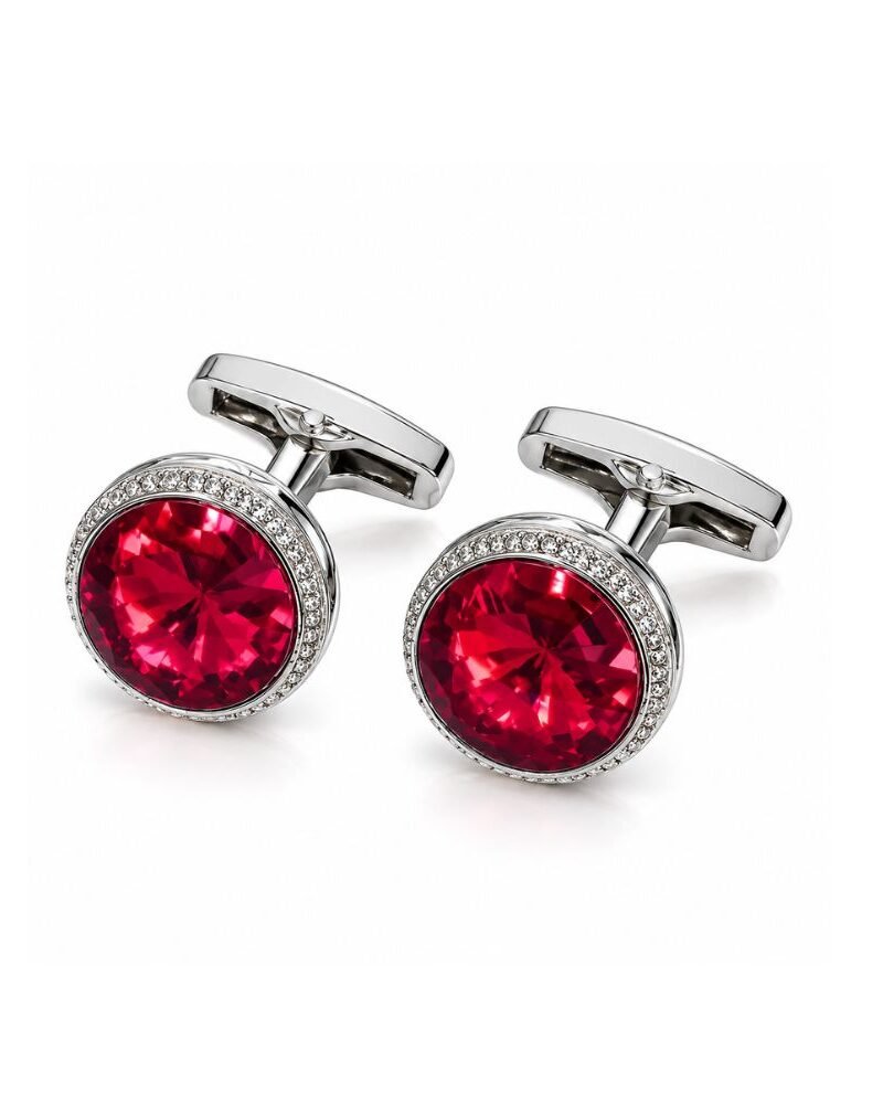 Abotoadura Prata Luxo com Cristal Vermelho Rubi
