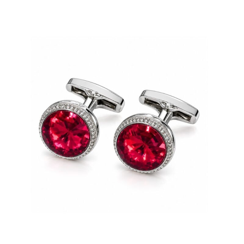 Abotoadura Prata Luxo com Cristal Vermelho Rubi