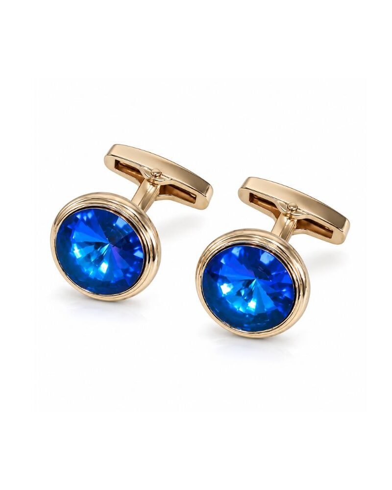 Abotoadura Luxo Dourada Com Cristal Azul Safira Imperial