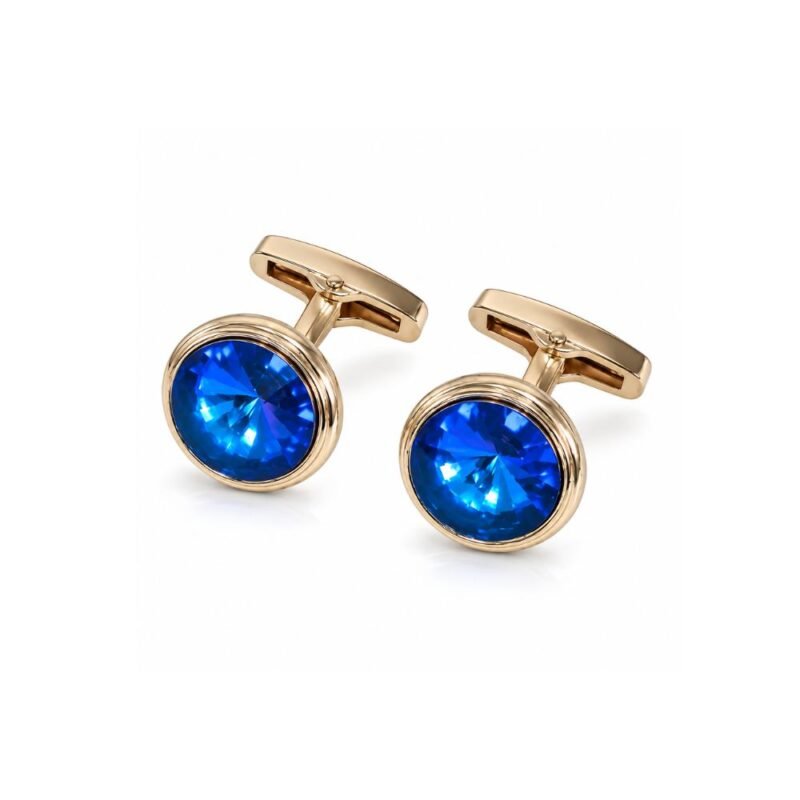 Abotoadura Luxo Dourada Com Cristal Azul Safira Imperial