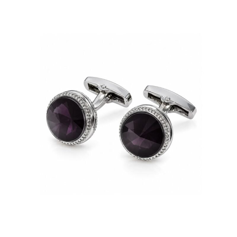 Abotoadura prata luxo com cristal roxo ametista - Padrão de luxo