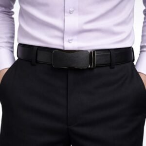 Cinto Social Masculino Premium Preto Texturizado com Fivela Automática Minimalista