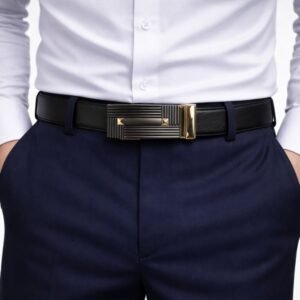 Cinto Social Masculino Premium Preto e Dourado com Fivela Automática de Luxo