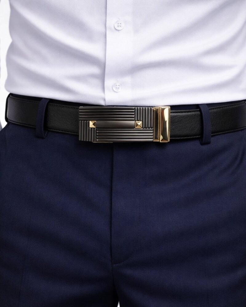 Cinto Social Masculino Premium Preto e Dourado com Fivela Automática de Luxo