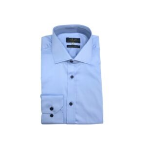 Camisa Lisa Egipcio Azul claro Botão Marinho Italiana 97% Algodão 3% Elastano