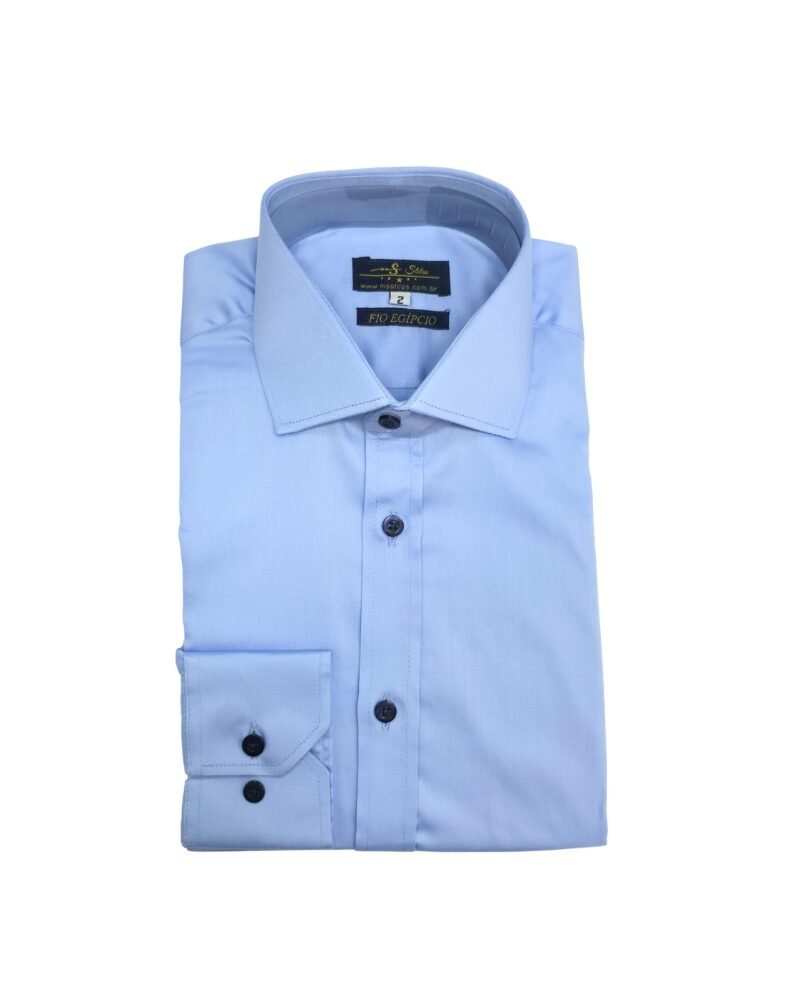 Camisa Lisa Egipcio Azul claro Botão Marinho Italiana 97% Algodão 3% Elastano
