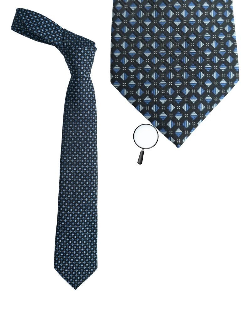 Gravata Perry Ellis Portfolio Azul e Preto Estruturada Nó Grande e Robusto - 8,cm x 1,47 Cm Tradicional