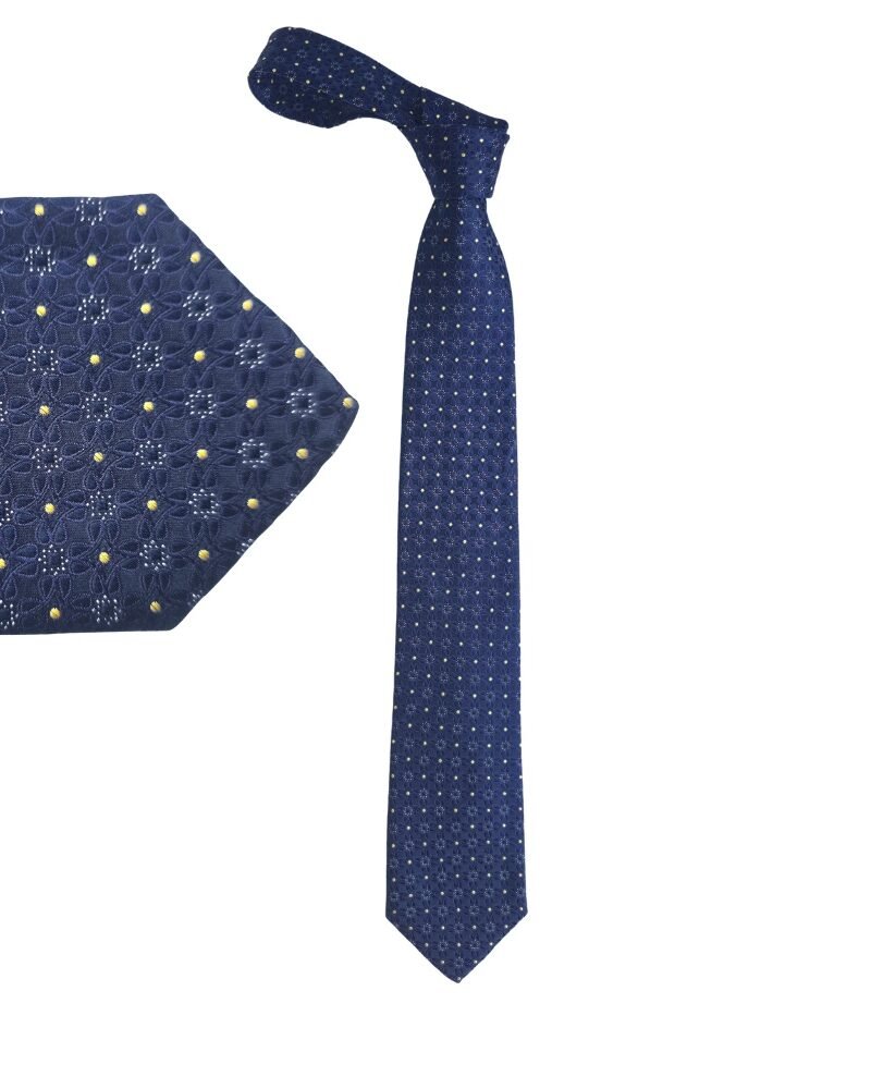 Gravata Cape Cod Neckwear 100% Seda Azul Marinho com Micro Estampa Amarela- 8,cm x 1,48 Cm Tradicional