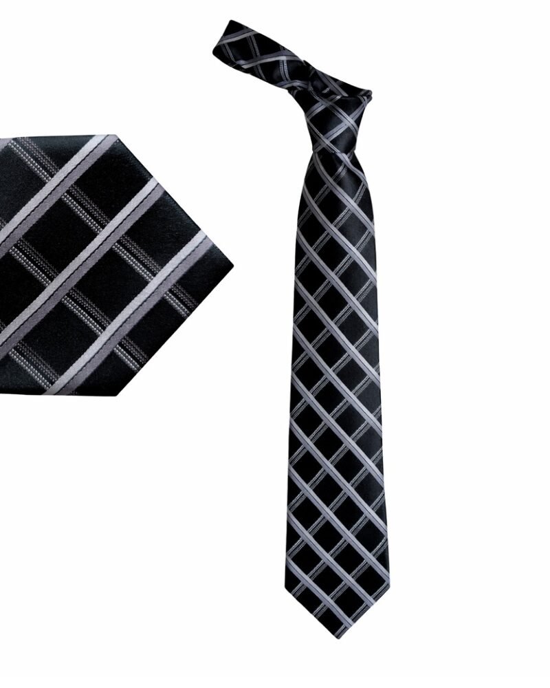 Gravata Van Heusen 100% Seda Preta com Listras Prata – Elegância Clássica- 9,5 cm / 1,53 cm Tradicional Larga