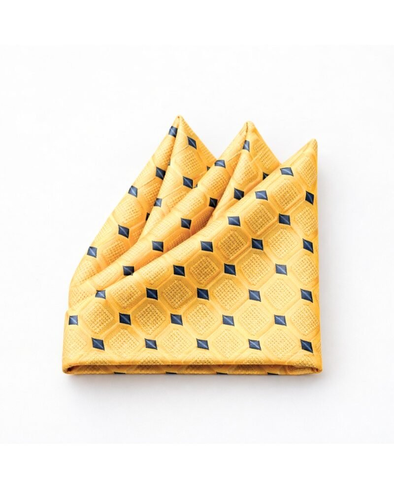 Lenço de Bolso Dourado Geométrico Elegância Solar com Detalhes Azul-Marinho Ms Stilos