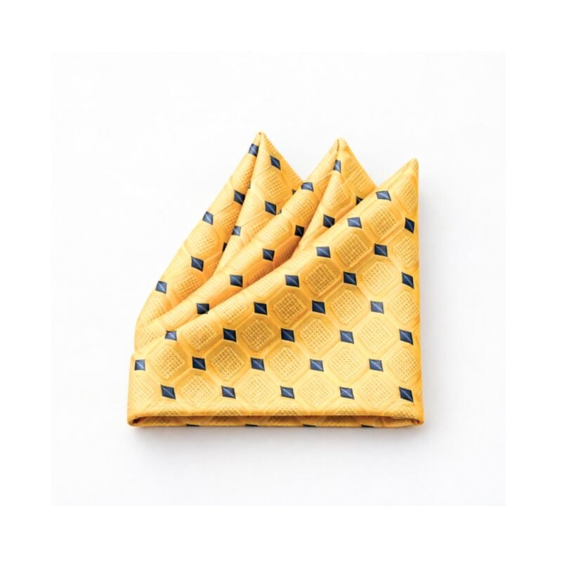 Lenço de Bolso Dourado Geométrico Elegância Solar com Detalhes Azul-Marinho Ms Stilos