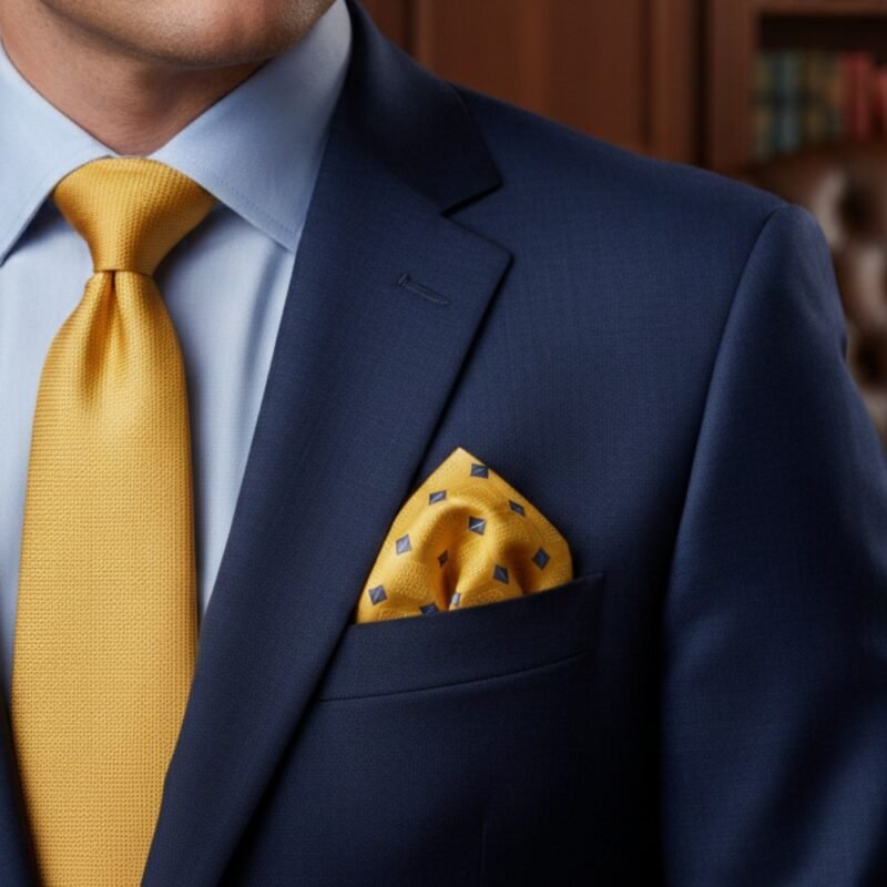 Lenço de Bolso Dourado Geométrico Elegância Solar com Detalhes Azul-Marinho Ms Stilos