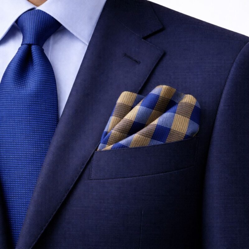 Lenço de Bolso Xadrez Azul e Caramelo Elegância Clássica com Presença Ms Stilos