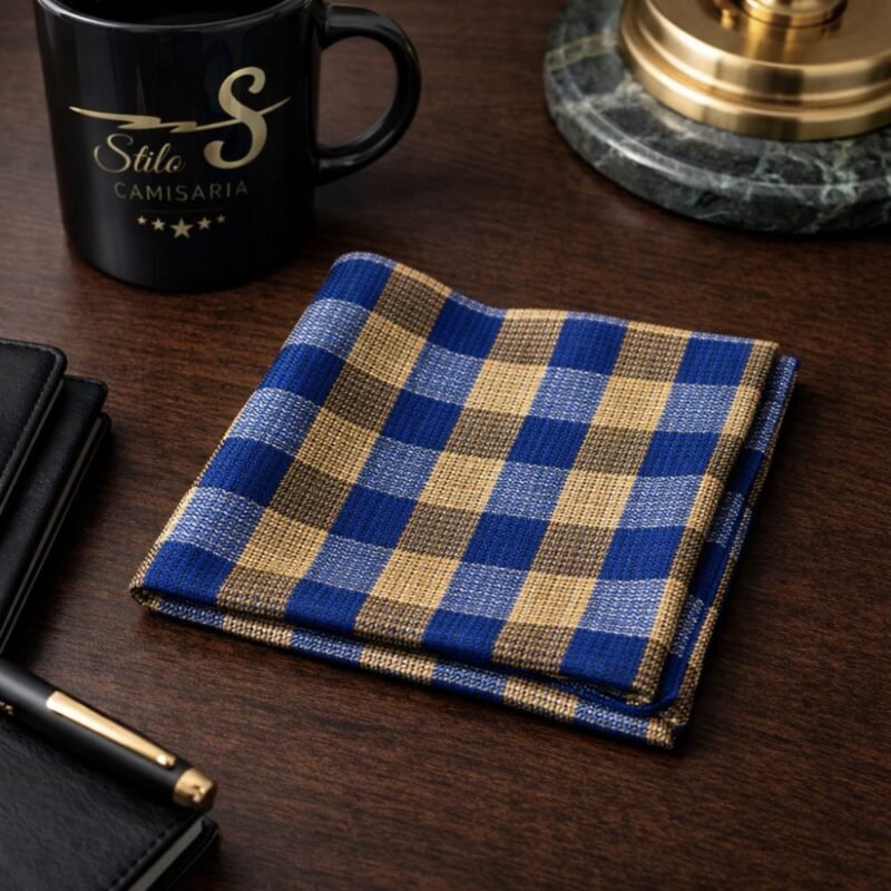 Lenço de Bolso Xadrez Azul e Caramelo Elegância Clássica com Presença Ms Stilos