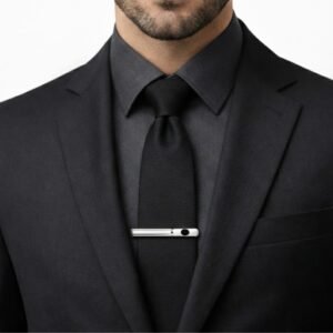 Prendedor de Gravata Prata com Detalhe Preto Elegância Executiva Contemporânea