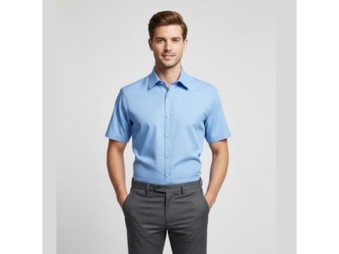 Homem usando camisa social azul clara de manga curta MS Stilos com calça de alfaiataria cinza, em ambiente neutro.
