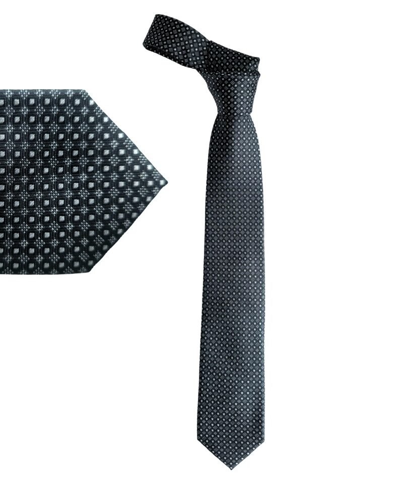 Gravata English Laundry 100% Seda Preta com Padrão Geométrico Cinza 8 cm/ 148 cm