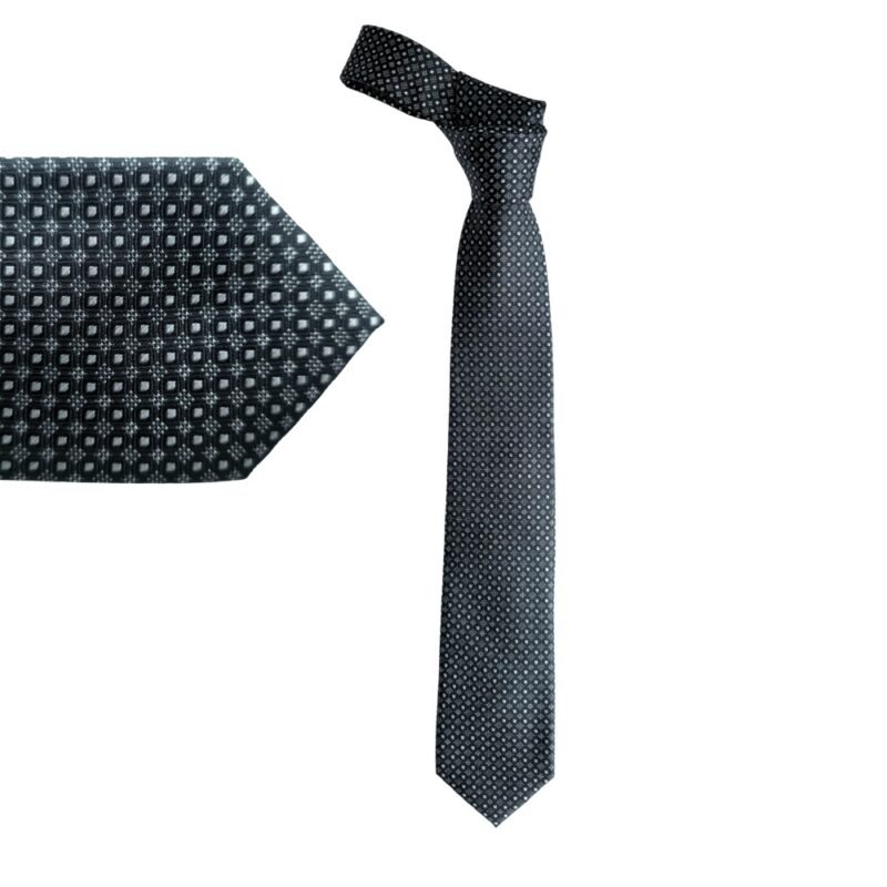 Gravata English Laundry 100% Seda Preta com Padrão Geométrico Cinza 8 cm/ 148 cm