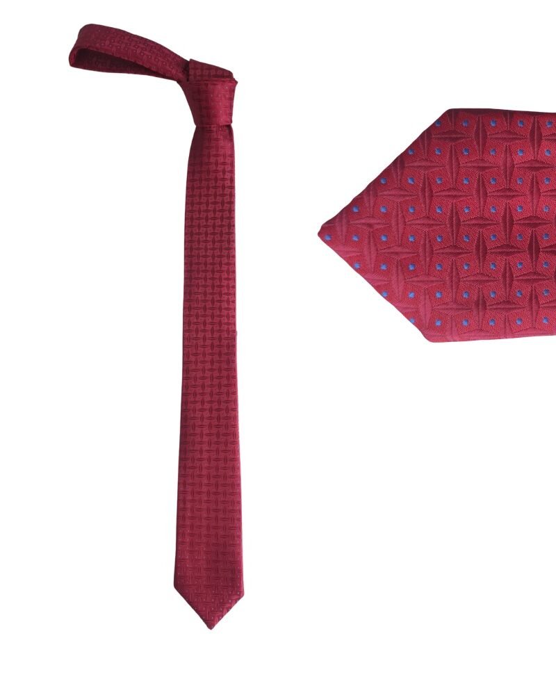 Gravata Slim Fit Vermelho Rubi com Detalhes em Azul Safira 5,5 Cm 1,51 Cm