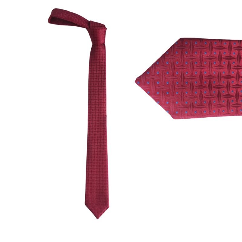 Gravata Slim Fit Vermelho Rubi com Detalhes em Azul Safira 5,5 Cm 1,51 Cm