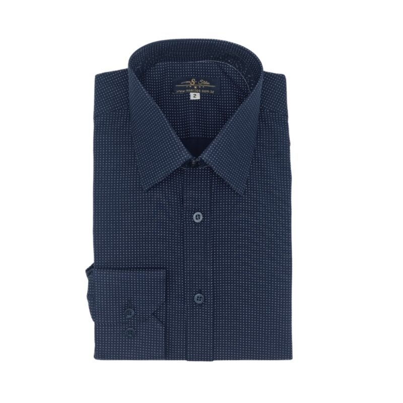 Camisa azul marinho poá azul claro com gola francesa exibida inteira com caimento estruturado e elegante.