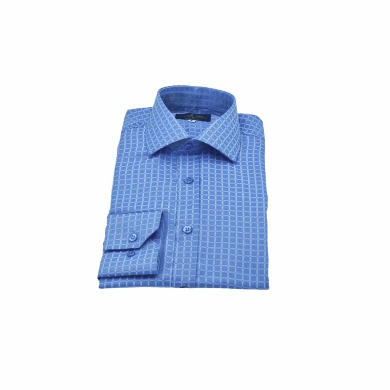 Camisa azul xadrez italiana semi slim dobrada, vista de frente sobre fundo branco.