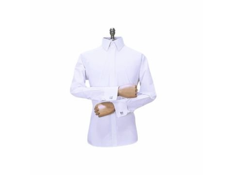 Camisa branca lisa MS Stilos com punho duplo francesa em manequim ideal para eventos de alto protocolo e ocasiões formais