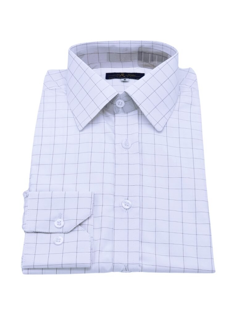 Camisa social branca quadriculada bordô vinho dobrada com caimento estruturado e elegante.