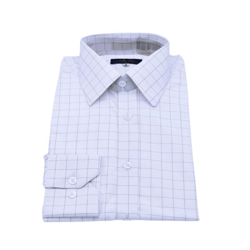 Camisa social branca quadriculada bordô vinho dobrada com caimento estruturado e elegante.