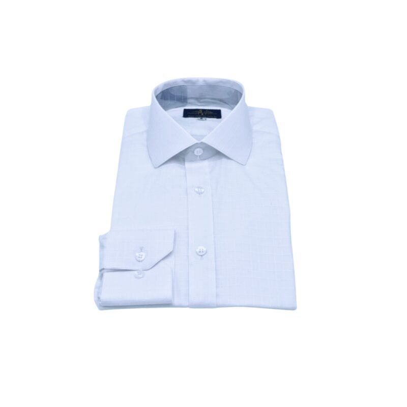 Camisa social branca xadrez 100% algodão italiana com punho simples dobrada em vista frontal tipo packshot, destacando gola e punhos alinhados.
