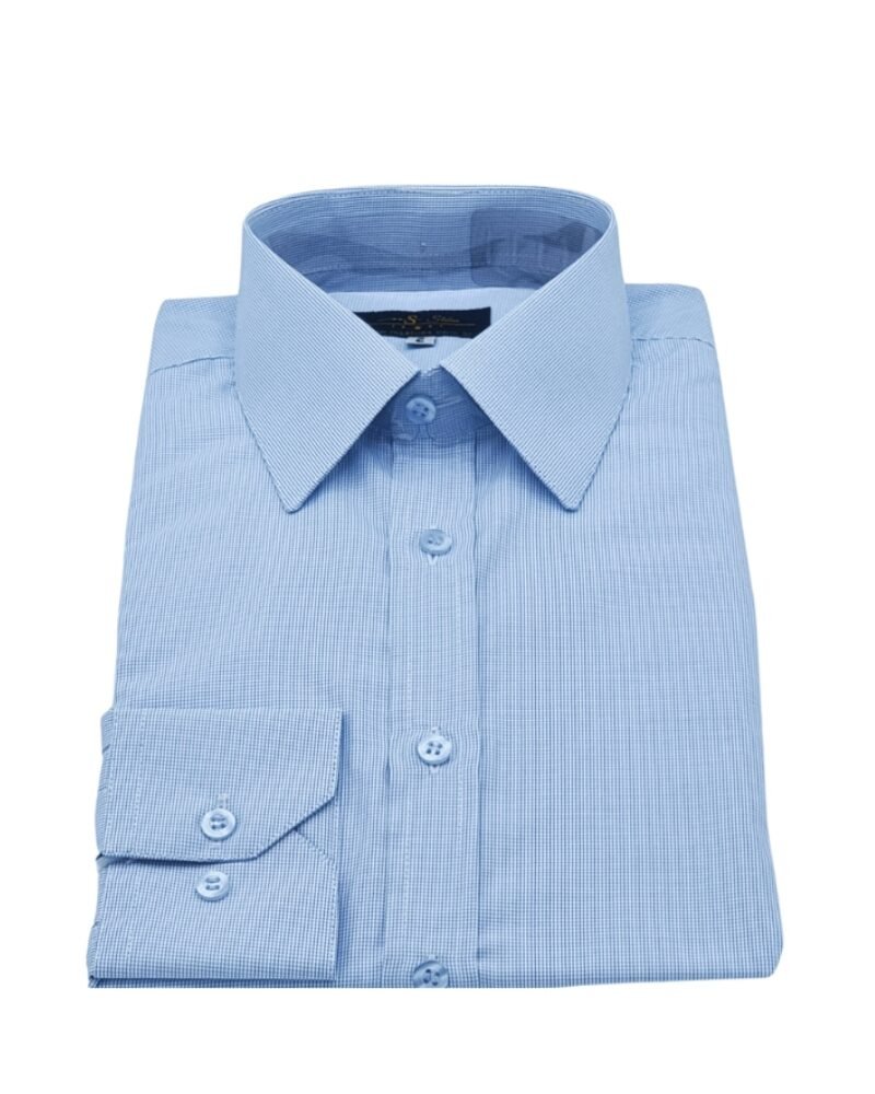 Vista frontal da camisa francesa azul com micro estampa discreta, modelagem semi slim.