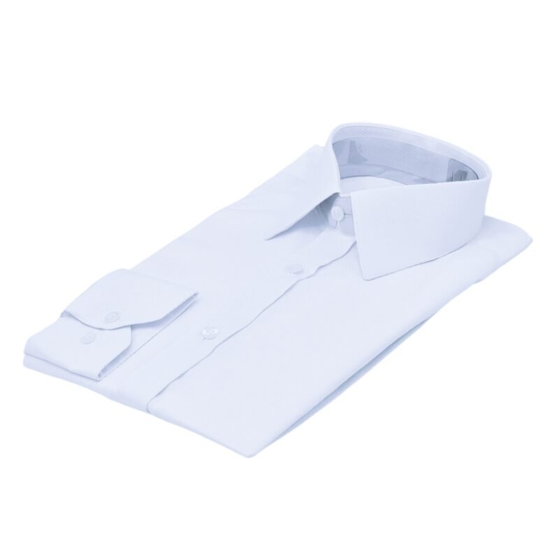 Camisa francesa branca maquinetado discreto em tecido passa fácil dobrada em vista diagonal completa.