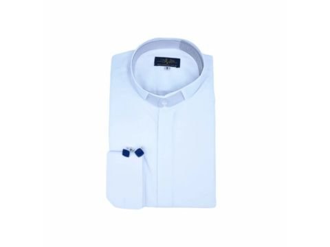 Camisa branca MS Stilos com gola padre punho duplo e vista coberta dobrada com abotoaduras azuis para líderes e homens de propósito