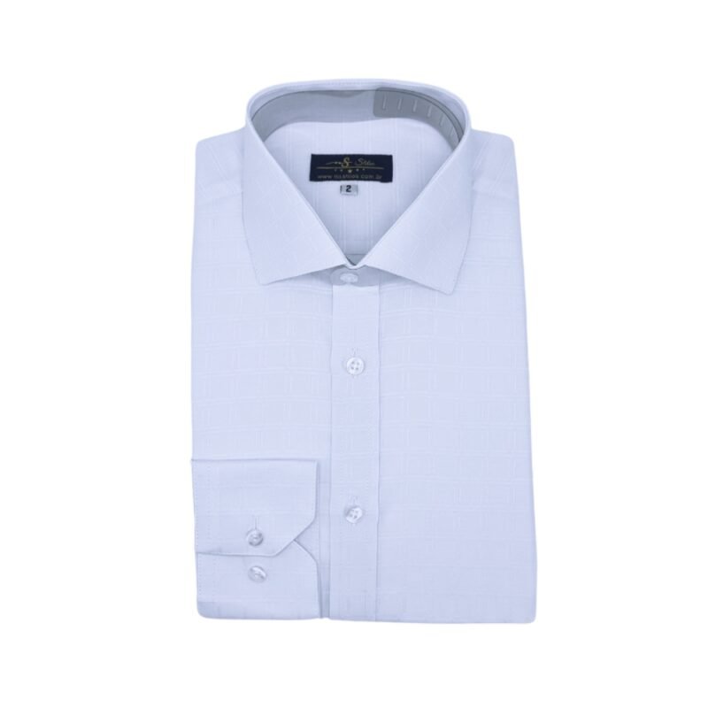 Camisa italiana branca quadriculada exibida inteira com textura em relevo suave no tecido.