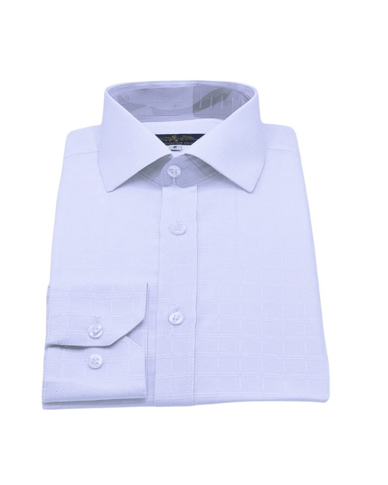 Camisa italiana branca quadriculada vista de frente completa com abotoamento central.