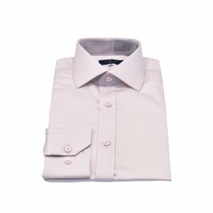 Camisa social rosa lisa italiana em fio egípcio com elastano exibida em vista frontal com gola e punho à mostra.