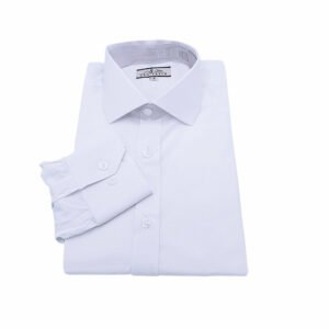 Camisa social branca sulfite italiana dobrada em vista frontal inteira com gola e punho aparentes sobre fundo claro.