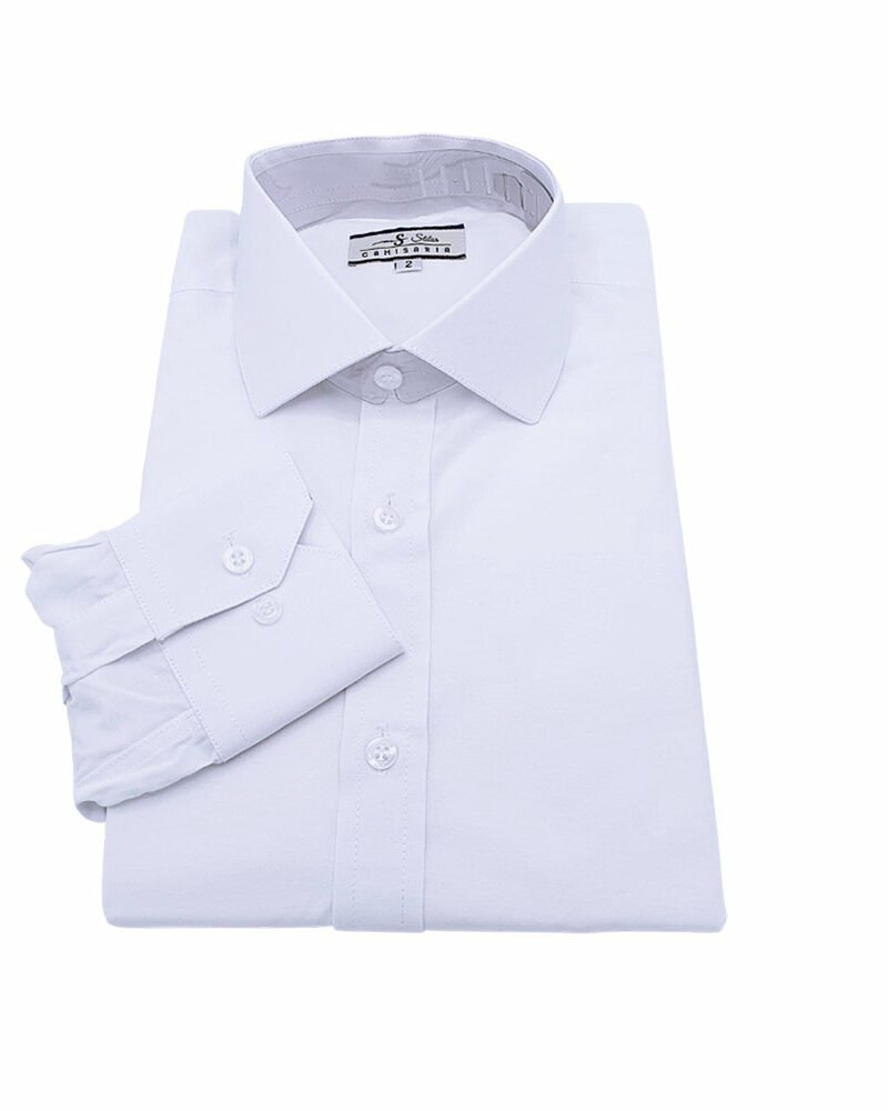 Camisa social branca sulfite italiana dobrada em vista frontal inteira com gola e punho aparentes sobre fundo claro.