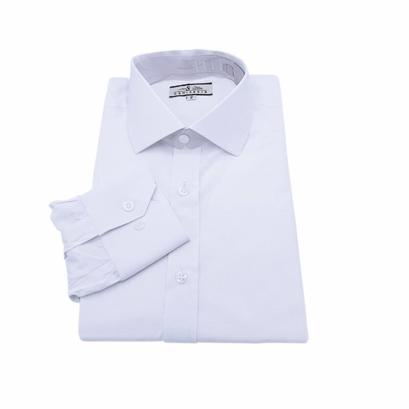 Camisa social branca sulfite italiana dobrada em vista frontal inteira com gola e punho aparentes sobre fundo claro.