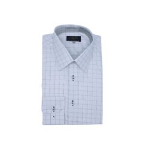 Camisa social francesa branca quadriculado azul escuro passa fácil dobrada em apresentação frontal completa sobre fundo neutro.