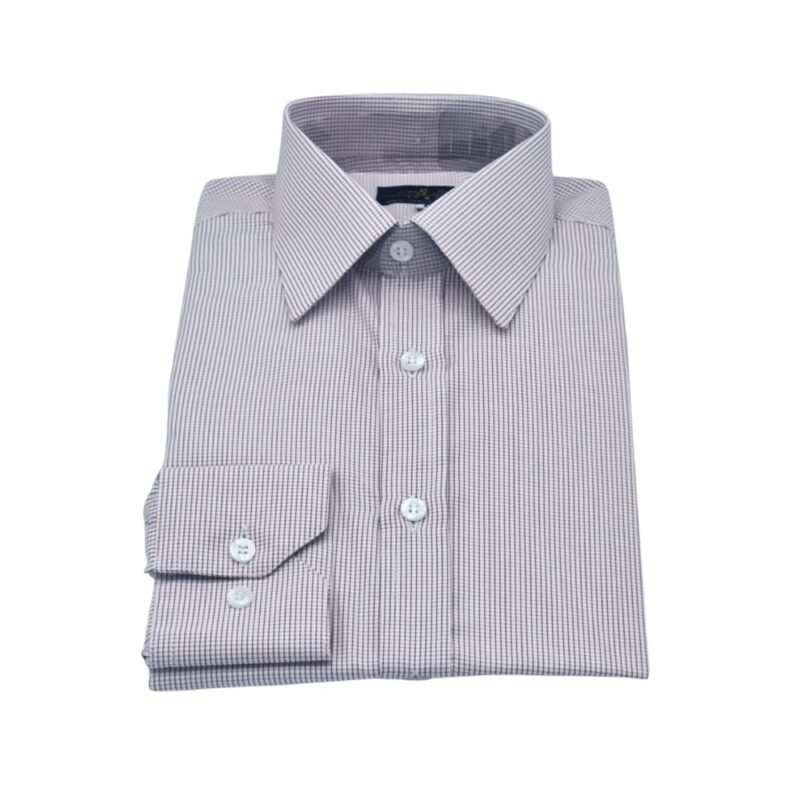 Camisa social quadriculado branco e bordo dobrada em vista frontal sobre fundo branco.