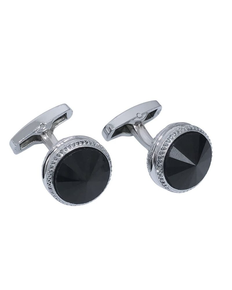 Abotoadura prata luxo com cristal preto - Uso na camisa social