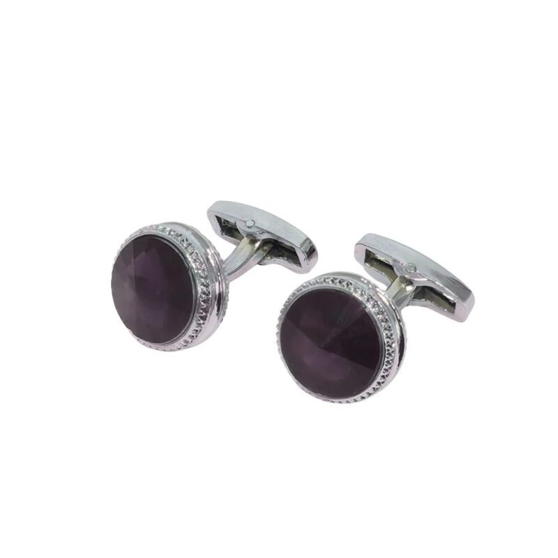 Abotoadura prata luxo com cristal roxo ametista - Uso na camisa social